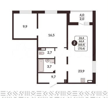 Купить двухкомнатную квартиру, 68.4 м², этаж 12 из 14. Фото 1